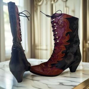 Margaret Jerrold Vintage Bootie. Maroon, Black, Brown & Green  Size 6.5